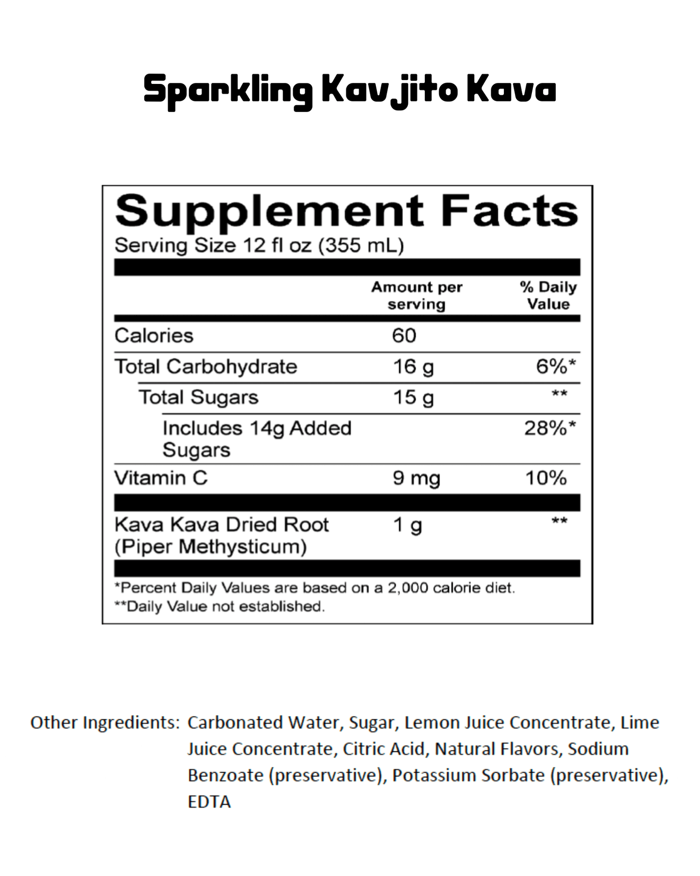 Nutrition facts for Sparkling Kavjito Kava, detailing calories and ingredients in a 12oz serving.