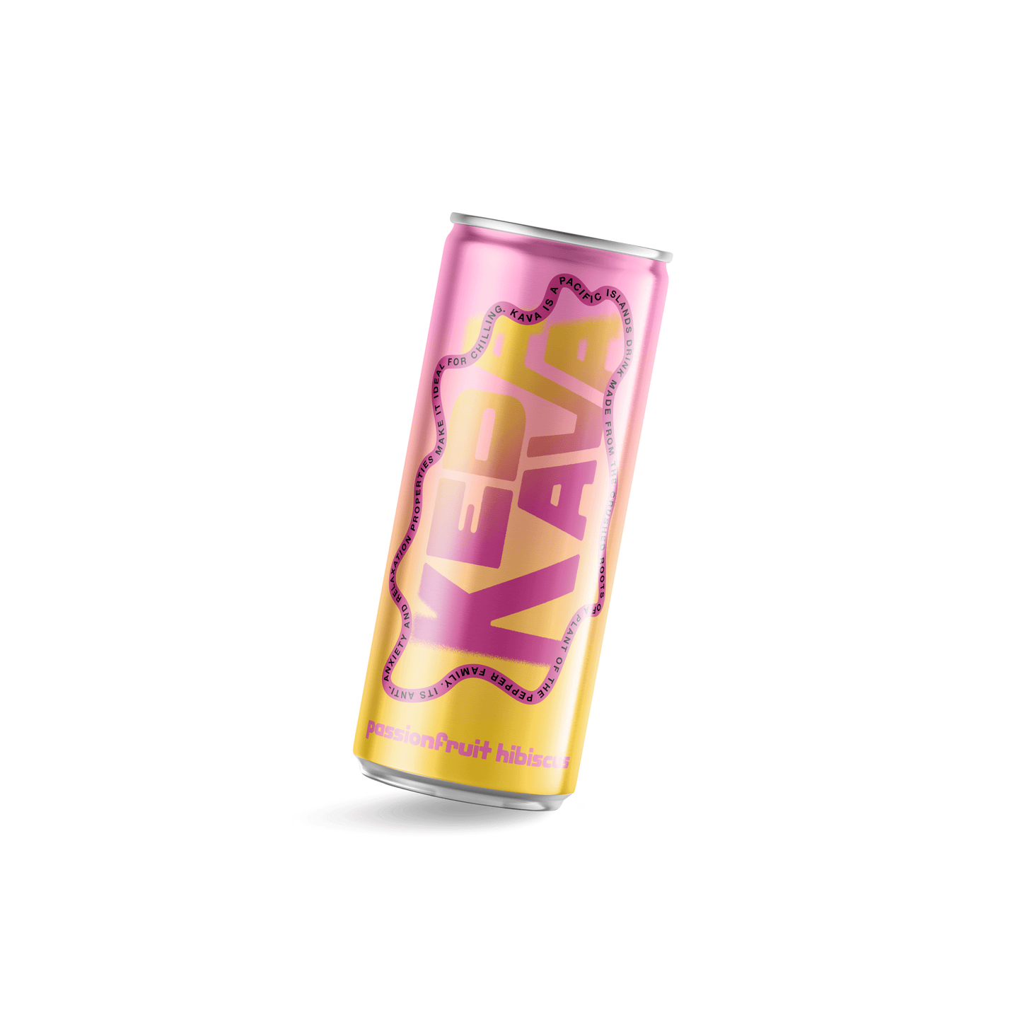 Keda Kava Passionfruit Hibiscus can, 12oz, premium kava-infused relaxation drink, alcohol-free, plant-based.